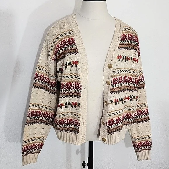 American Vintage Cardigan Cotton Blend Grannycore Floral by BUGC Cream Size L - Picture 3 of 14